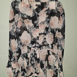 INC International Concepts Floral Sheer Blouse - Black and Pink